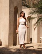 Saia linho midi parado no ar